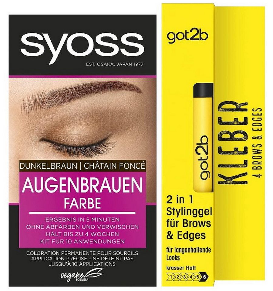 Syoss Augenbrauenfarbe Dunkelbraun 17ml & GOT2B 2in1 Stylinggel Kleber 4 Brows & Edges 16ml, 2-tlg., für einen natürlichen Look von Syoss