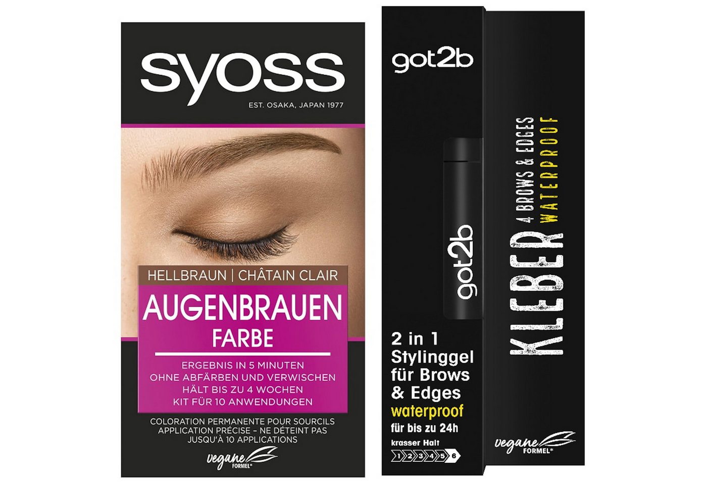 Syoss Augenbrauenfarbe Hellbraun 17ml & GOT2B 2in1 Stylinggel Kleber 4 Brows & Edges16ml, 2-tlg., langanhaltend, schweiß- & wasserfest bis zu 24h von Syoss