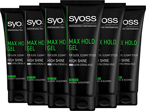 Syoss Gel Max Hold (6 x 250 ml), Herren Haargel mit 48 h extra starkem Halt & Glanz für gepflegte Styles, Haargel für Männer ohne Alkohol & Silikone, verklebt nicht von Syoss
