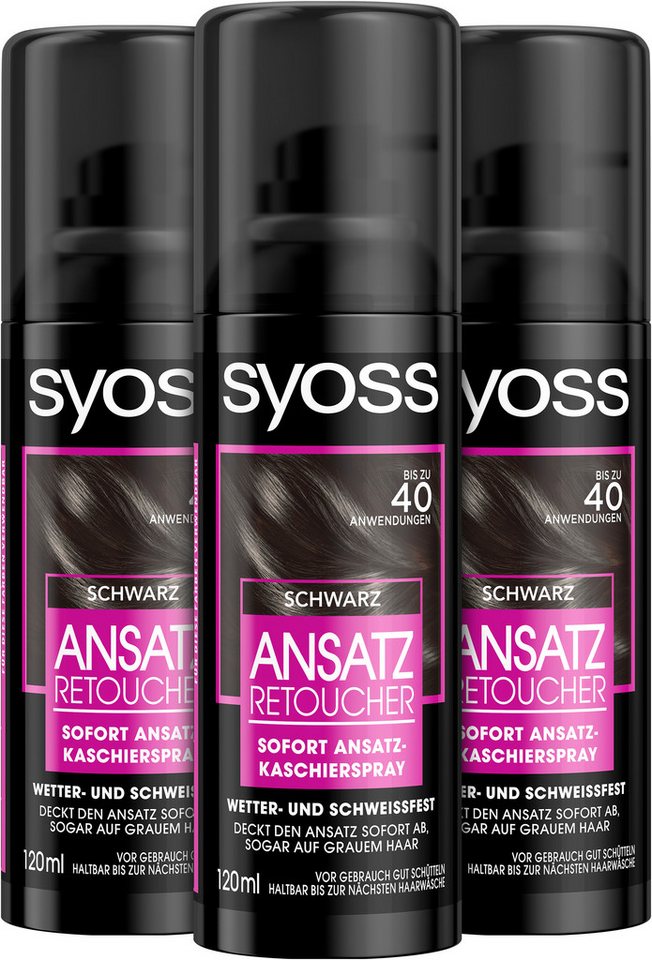 Syoss Haaransatz-Spray Retoucher Kaschierspray Schwarz, Vorteilspack, 3-tlg., 3x 120 ml, deckt hellere und graue Haaransätze ab von Syoss