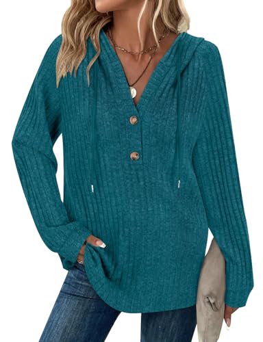 Hoodie Damen Long Sleeve Tops Drawstring Button V Neck Casual Pullover Sweatshirt Spring Autumn Winter Tunic Clothes von Syphiby