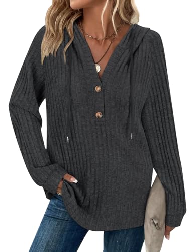 Hoodie Damen Long Sleeve Tops Drawstring Button V Neck Casual Pullover Sweatshirt Spring Autumn Winter Tunic Clothes von Syphiby