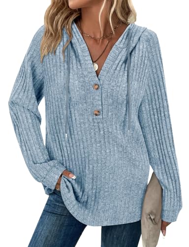 Hoodie Damen Long Sleeve Tops Drawstring Button V Neck Casual Pullover Sweatshirt Spring Autumn Winter Tunic Clothes von Syphiby