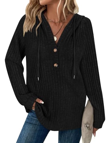 Hoodie Damen Long Sleeve Tops Drawstring Button V Neck Casual Pullover Sweatshirt Spring Autumn Winter Tunic Clothes von Syphiby