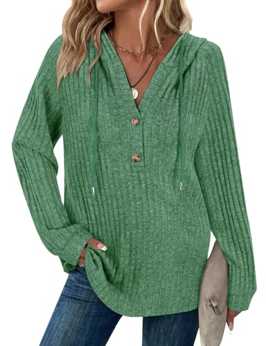 Hoodies für Damen, langärmelig, Tops, Kordelzug, Knopf, V-Ausschnitt, lässiger Pullover, Sweatshirt, Frühling, Herbst, Winter, Tunika-Kleidung, dunkelgrün, XL Hoodies für Damen, langärmelig, Tops, Kordelzug, Knopf, V-Ausschnitt, lässiger Pullover, Sweatshirt, Frühling, Herbst, Winter, Tunika-Kleidung, dunkelgrün, XL von Syphiby