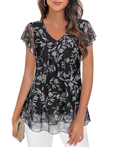 Syphiby Oberteile Damen Elegant Tunika Blusen Sommer Damen Shirts für Leggings Flatterärmel Flowy Shirt Casual Locker Sitzendes Blumen Tunika Top V-Ausschnitt Chiffon Bluse von Syphiby