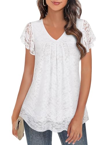 Sommer Tunika für Damen Kurzarm Falten Bluse Mesh V-Ausschnitt Doppellagige Oberteile mit Flatterärmel Frauen Freizeit Arbeit Tunika Shirt Elegant Kurzarm Top Blumen Mesh Oberteile Blusenshirt von Syphiby