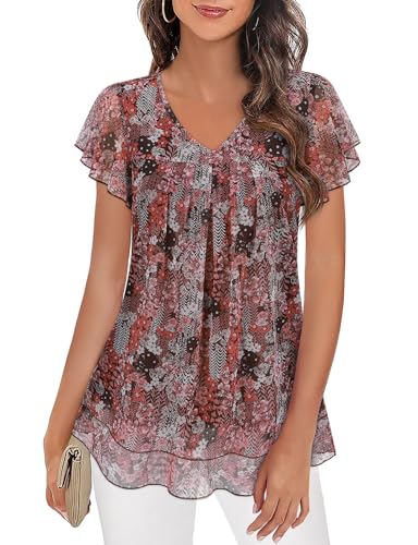 Sphiby Damen Kurzarm Bluse Shirts V-Ausschnitt Hemden Blumen Falten Mesh Tunika Oberteile von Syphiby