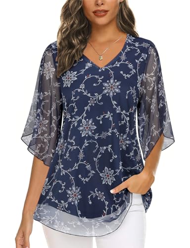 Syphiby Damen-Bluse mit Rüschenärmeln und V-Ausschnitt, elastisches Netzgewebe, locker, fließender Tunika-Top, marineblau, X-Large von Syphiby