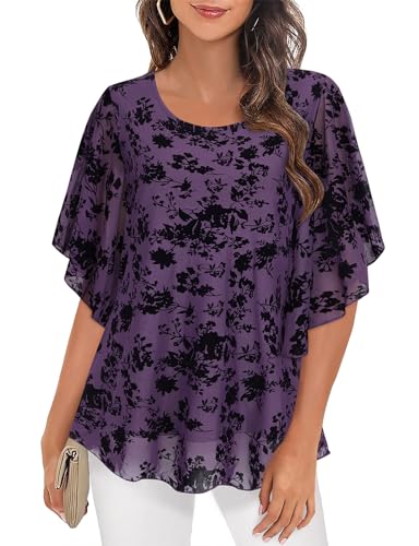 Syphiby Damen Blusen Rüschen 3/4 Ärmel Mesh Damen Tops Chiffon Doppellagige Tunika Tops Lose Flowy Shirts, Dunkelviolett, 42 von Syphiby