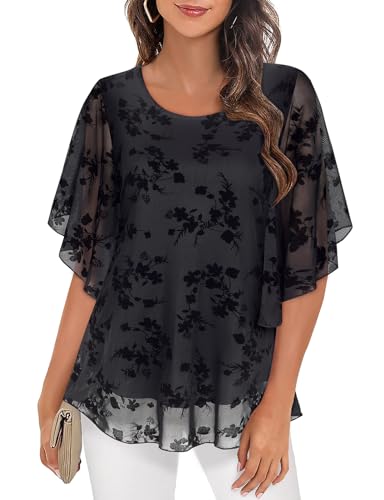 Syphiby Damen Blusen Rüschen 3/4 Ärmel Mesh Damen Tops Chiffon Doppellagige Tunika Tops Lose Flowy Shirts, Schwarz , XXX-Large von Syphiby