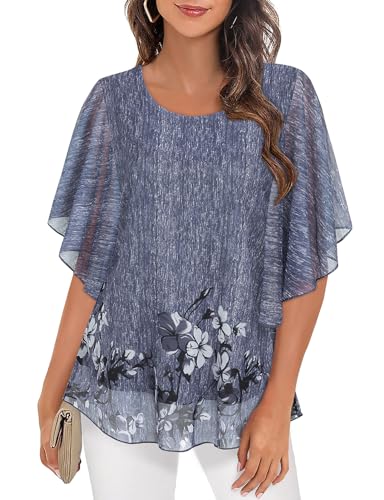 Syphiby Damen Blusen Rüschen 3/4 Ärmel Mesh Damen Tops Chiffon Doppellagige Tunika Tops Lose Flowy Shirts, grau, X-Large von Syphiby