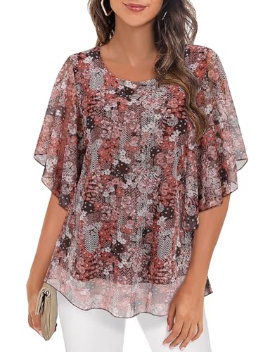 Syphiby Damen-Blusen mit Rüschen, 3/4-Ärmel, Netzstoff, Chiffon, doppellagig, Tunika, Tops, locker fließende Hemden, khaki, 3XL von Syphiby