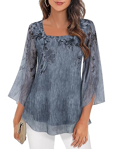 Syphiby Damen Blusen Rüschen 3/4 Ärmel Tunika Tops Locker Flowy Quadratischer Ausschnitt Chiffon Top Doppelschichten Mesh Shirts S-3XL, Floral Grey, M von Syphiby