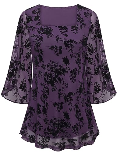 Syphiby Damen Blusen Rüschen 3/4 Ärmel Tunika Tops Locker Flowy Quadratischer Ausschnitt Chiffon Top Doppelschichten Mesh Shirts S-3XL, Violettes Jacquardgewebe, M von Syphiby