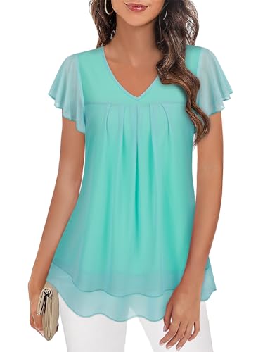 Syphiby Damen Blusen Rüschenärmel Elegant Tunika Shirts V-Ausschnitt Mesh Doppellagige Oberteile Sommer Falten Mesh Oberteile Elegant Mesh Swing Blusen für Damen Outfits Tunika Tops von Syphiby
