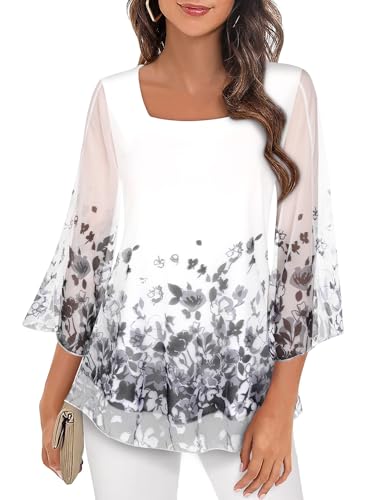 Syphiby Damen-Blusen mit Rüschen, 3/4-Ärmel, Tunika, Tops, locker, fließend, quadratischer Ausschnitt, Chiffon, doppellagig, Netzhemden, Größe M-3XL, Weiß, XXL von Syphiby