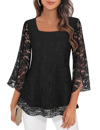 Syphiby Damen-Blusen mit Rüschen, 3/4-Ärmel, Tunika, Tops, locker, fließend, quadratischer Ausschnitt, Chiffon, doppellagig, Netzhemden, M-3XL, Schwarze Spitze, L von Syphiby