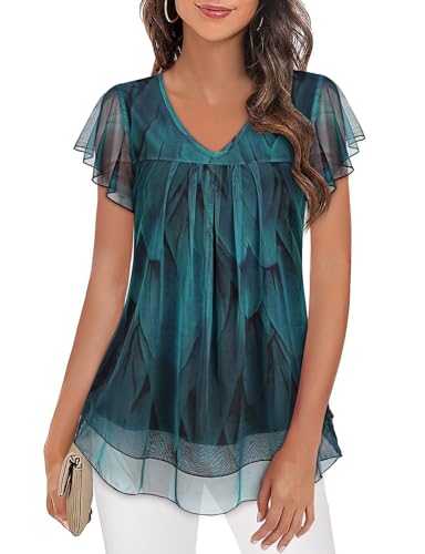 Syphiby Damen Tops V Ausschnitt Rüschen Kurze Ärmel Blusen fließendes Netzgewebe Tunika Tops lässiges T-Shirt von Syphiby