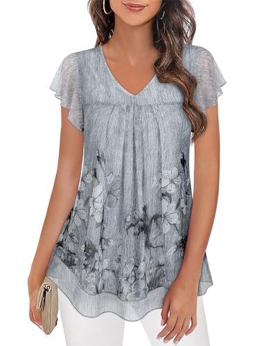 Syphiby Damen Tops V Ausschnitt Rüschen Kurze Ärmel Blusen fließendes Netzgewebe Tunika Tops lässiges T-Shirt von Syphiby