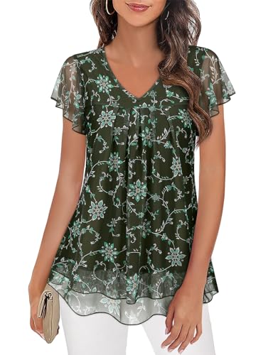 Syphiby Damen Tops V Ausschnitt Rüschen Kurze Ärmel Blusen fließendes Netzgewebe Tunika Tops lässiges T-Shirt von Syphiby