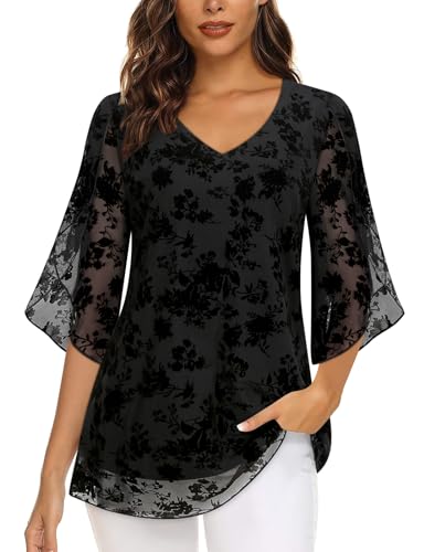 Syphiby Damen-Tunika, überlappend, Rüschenärmel, V-Ausschnitt, elastisches Netzgewebe, locker fließend, Floral Black, XL von Syphiby