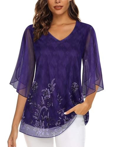 Syphiby Damen-Tunika, überlappend, Rüschenärmel, V-Ausschnitt, elastisches Netzgewebe, locker fließend, Violett (Blumenmuster), XXL von Syphiby