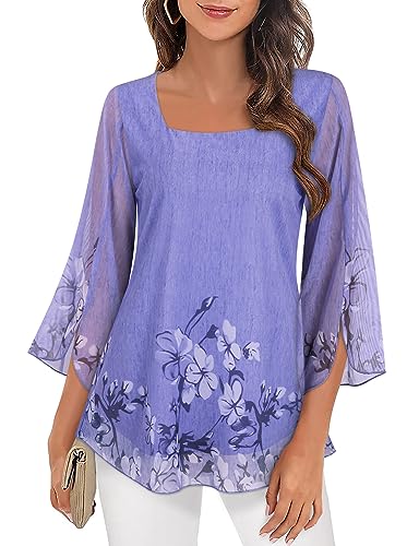 Syphiby Damenbluse mit Rüschen, 3/4-Ärmel, locker, fließender Chiffon, doppellagig, Größen M-3XL, Hellviolett, 46 von Syphiby