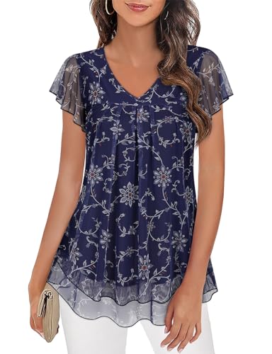 Syphiby Tunika Blusen für Damen Sommer Kurzarm Blumen Tunika Casual Loose Fit Floral Bluse für Frauen V-Ausschnitt Damens Elegant Bluse Elegantes Outfit Damen Longbluse Damens von Syphiby