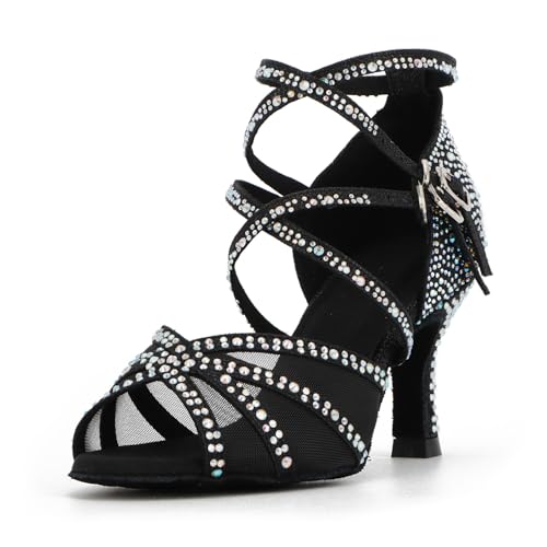 Syrads Damen Ballsaal Latein Tanzschuhe mit Strass Salsa Tango Bachata Indoor Tanzschuhe für Hochzeit Party Abschlussball, Schwarz, 7 cm Absatz, 39 EU von Syrads
