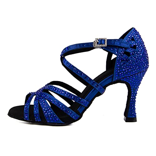 Syrads Damen Ballsaal Latein Tanzschuhe mit Strass Salsa Tango Bachata Indoor Tanzschuhe für Hochzeitsfeier Abschlussball,Blau 9cm Heel,36 EU von Syrads