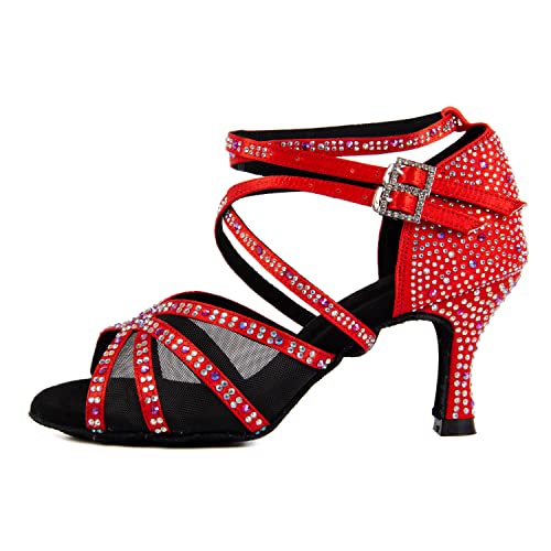 Syrads Damen Ballsaal Latein Tanzschuhe mit Strass Salsa Tango Bachata Indoor Tanzschuhe für Hochzeitsfeier Abschlussball,Rot 7.5cm Heel,37 EU von Syrads