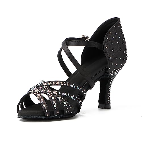 Syrads Damen-Ballsaal-Tanzschuhe mit Strasssteinen lateinamerikanische Salsa-Tanzschuhe Übungs-Party-Tanzschuhe atmungsaktiv für Ballsaal,Schwarz 7.5cm Heel,39 EU von Syrads