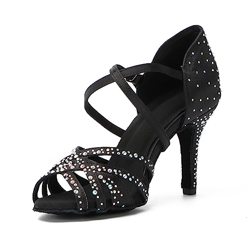 Syrads Damen-Ballsaal-Tanzschuhe mit Strasssteinen lateinamerikanische Salsa-Tanzschuhe Übungs-Party-Tanzschuhe atmungsaktiv für Ballsaal,Schwarz 8.5cm Heel,40 EU von Syrads