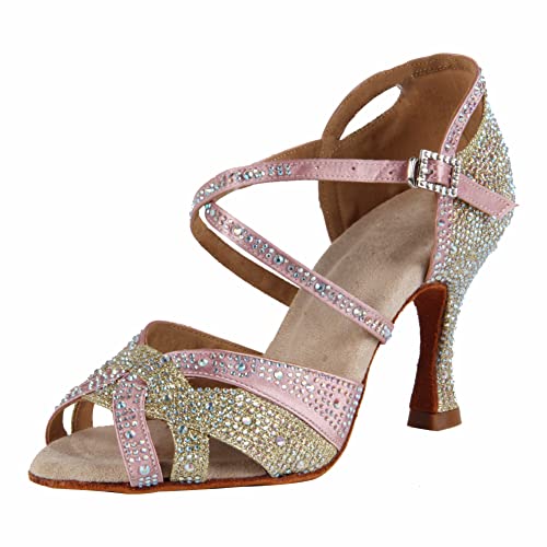 Syrads Damen Latein Tanzschuhe Damen Salsa und Bachata Glänzend Gesellschaftstanz Strass Schuhe Gesellschaftstanzschuhe,Gold 9cm Heel,40 EU von Syrads