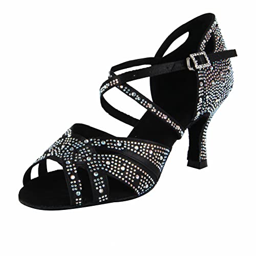 Syrads Damen Latein Tanzschuhe Damen Salsa und Bachata Glänzend Gesellschaftstanz Strass Schuhe Gesellschaftstanzschuhe,Schwarz 7.5cm Heel,37 EU von Syrads