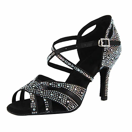 Syrads Damen Latein Tanzschuhe Damen Salsa und Bachata Glänzend Gesellschaftstanz Strass Schuhe Gesellschaftstanzschuhe,Schwarz 8.5cm Heel,37 EU von Syrads