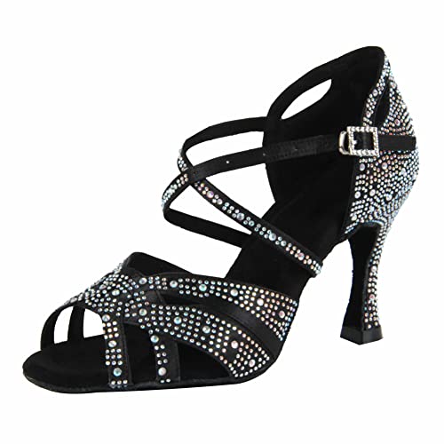 Syrads Damen Latein Tanzschuhe Damen Salsa und Bachata Glänzend Gesellschaftstanz Strass Schuhe Gesellschaftstanzschuhe,Schwarz 9cm Heel,38 EU von Syrads