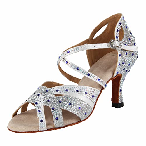 Syrads Damen Latein Tanzschuhe Damen Salsa und Bachata Glänzend Gesellschaftstanz Strass Schuhe Gesellschaftstanzschuhe,Weiß 7.5cm Heel,39 EU von Syrads