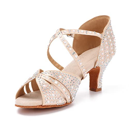 Syrads Damen Professionelle Latein Tanzschuhe Open Toe Salsa Bachata Tanzschuhe Glitter Strass Salsa Latin Tanzschuhe,Hell gefärbt 6cm Heel,41 EU von Syrads
