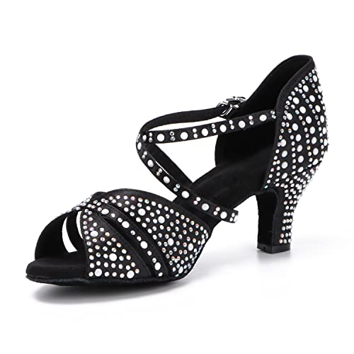 Syrads Damen Professionelle Latein Tanzschuhe Open Toe Salsa Bachata Tanzschuhe Glitter Strass Salsa Latin Tanzschuhe,Schwarz 6cm Heel,37 EU von Syrads