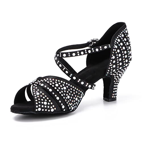 Syrads Damen Professionelle Latein Tanzschuhe Open Toe Salsa Bachata Tanzschuhe Glitter Strass Salsa Latin Tanzschuhe,Schwarz 6cm Heel,41 EU von Syrads