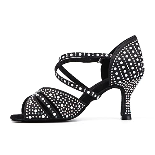 Syrads Damen Professionelle Latein Tanzschuhe Open Toe Salsa Bachata Tanzschuhe Glitter Strass Salsa Latin Tanzschuhe,Schwarz 7.5cm Heel,38 EU von Syrads