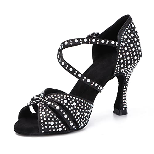 Syrads Damen Professionelle Latein Tanzschuhe Open Toe Salsa Bachata Tanzschuhe Glitter Strass Salsa Latin Tanzschuhe,Schwarz 9cm Heel,36 EU von Syrads