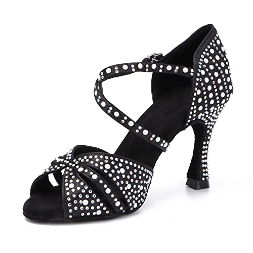 Syrads Damen Professionelle Latein Tanzschuhe Open Toe Salsa Bachata Tanzschuhe Glitter Strass Salsa Latin Tanzschuhe,Schwarz 9cm Heel,37 EU von Syrads