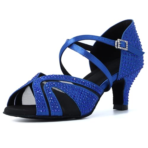 Syrads Damen Standard & Latein Tanzschuhe Salsa Tango Walzer Bachata Kizomba Modern Tanzschuhe mit Strasssteinen,Blaue 6cm Heel,38 EU von Syrads