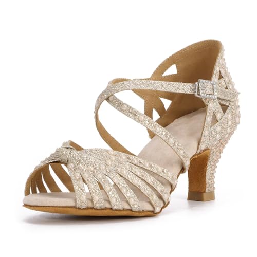 Syrads Damen Strass Standardtanzschuhe Latin Salsa Tanzschuhe Cross Strap Ballroom Tanzschuhe,Champagner Gold 6cm Heel,38 EU von Syrads