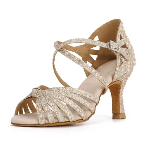 Syrads Damen Strass Standardtanzschuhe Latin Salsa Tanzschuhe Cross Strap Ballroom Tanzschuhe,Champagner Gold 7.5cm Heel,38 EU von Syrads