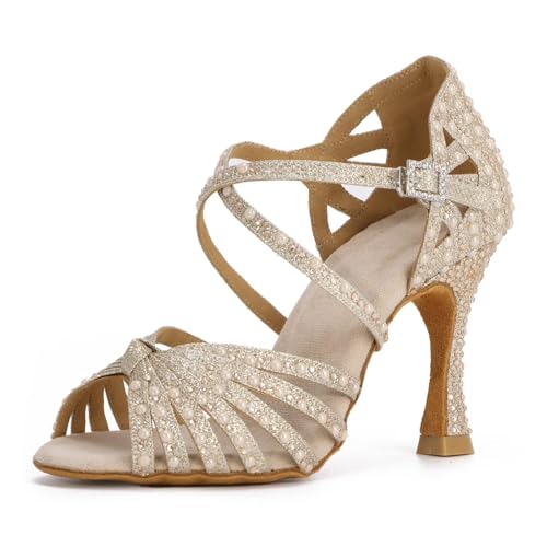 Syrads Damen Strass Standardtanzschuhe Latin Salsa Tanzschuhe Cross Strap Ballroom Tanzschuhe,Champagner Gold 9cm Heel,37 EU von Syrads