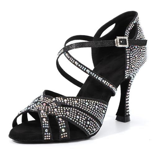 Syrads Damen Tanzschuhe Ballroom Salsa Latein für gesellschaftliche Anfänger Partys Hochzeiten Auftritte,Schwarz 9cm heel,39 EU von Syrads